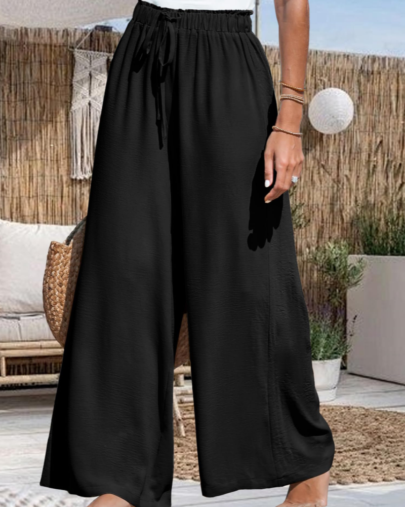 Presley Pantalon Femme – Pantalon Large Taille Haute à Cordon Fluide pour Plage et Vacances