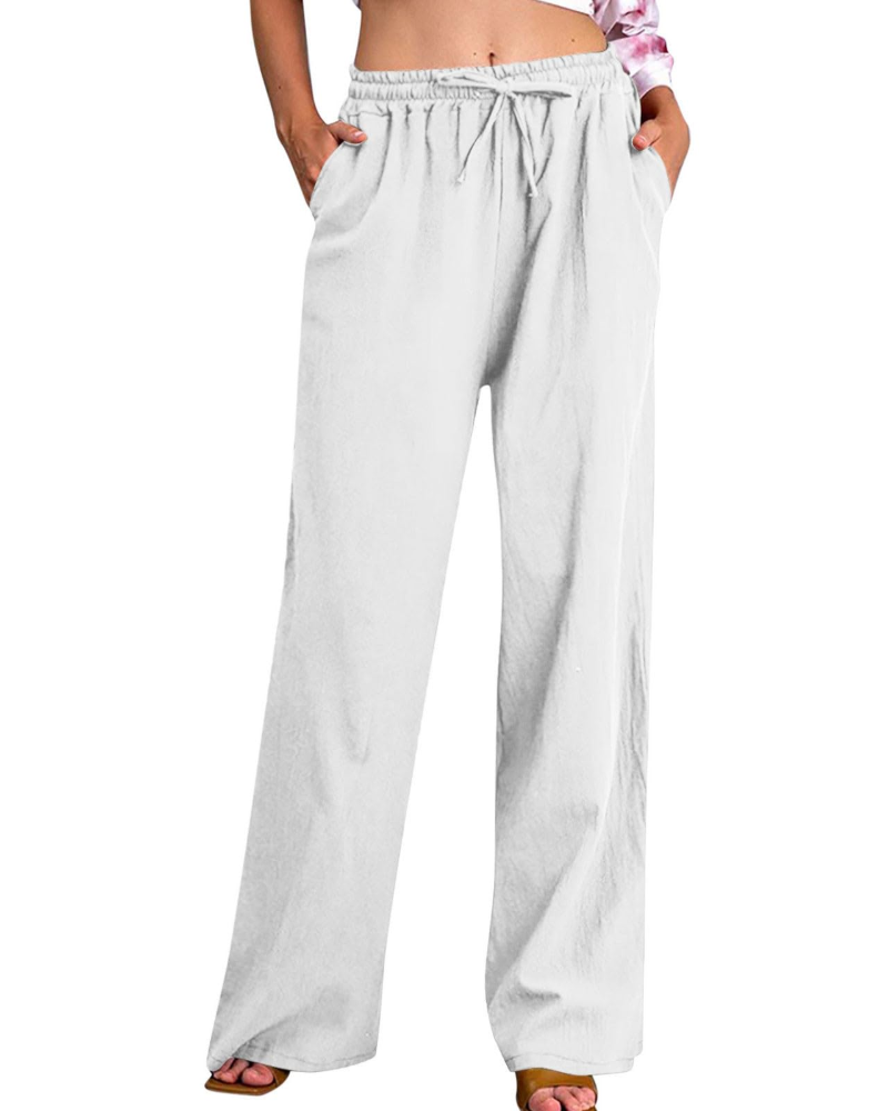 Megan Women's Pants – Cotton and Linen Pants with Elastic Waist, Drawstring, Pockets, Loose Fit