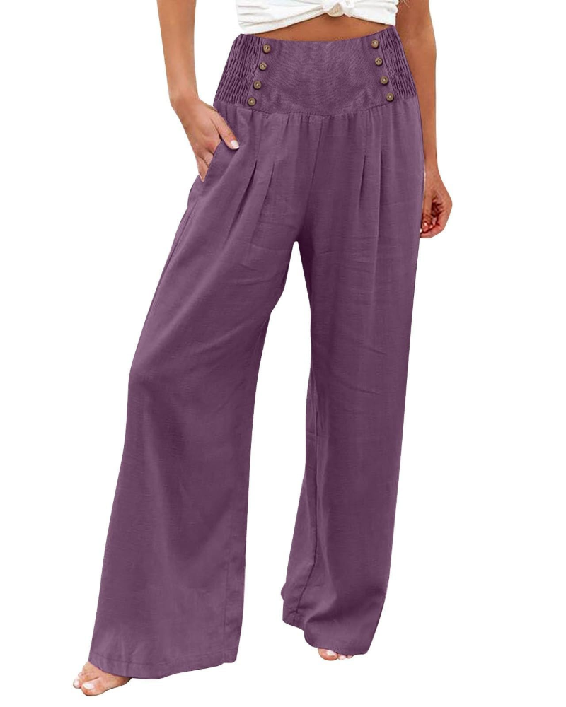 Pantaloni da donna Skylar – pantaloni larghi in cotone e lino a vita alta, elasticizzati e con tasche
