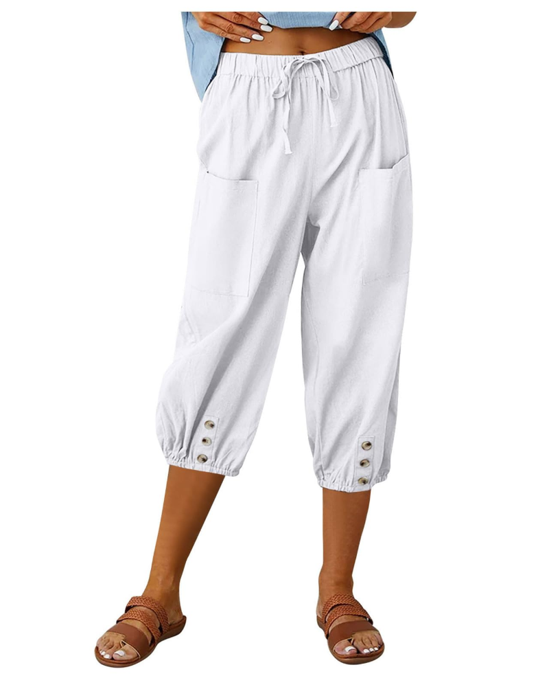 Pantalón de mujer Aspen – Pantalón ancho de algodón y lino, tiro alto, cintura elástica y bolsillos