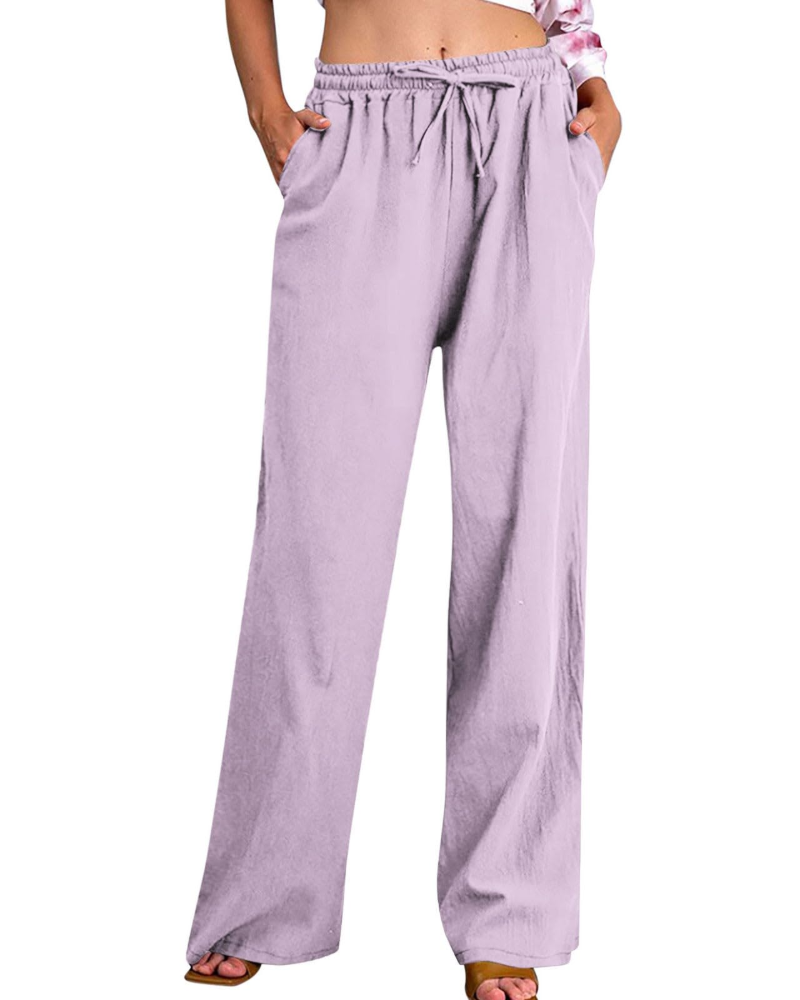 Megan Women's Pants – Cotton and Linen Pants with Elastic Waist, Drawstring, Pockets, Loose Fit