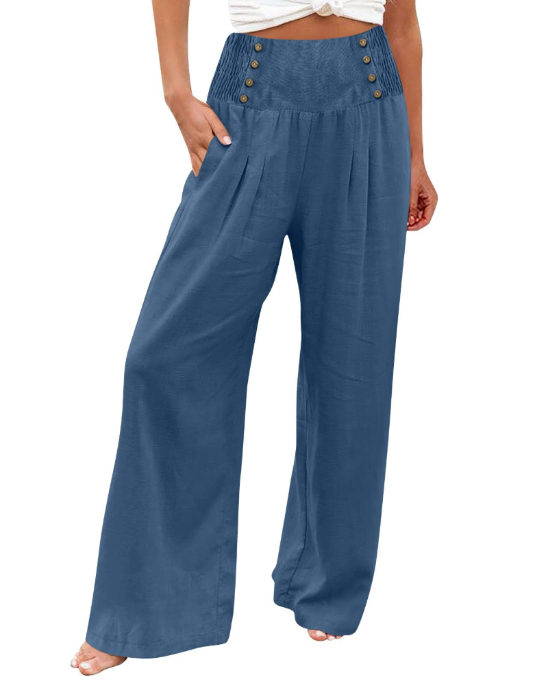 Pantaloni da donna Skylar – pantaloni larghi in cotone e lino a vita alta, elasticizzati e con tasche