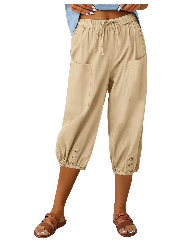 Pantalón de mujer Aspen – Pantalón ancho de algodón y lino, tiro alto, cintura elástica y bolsillos
