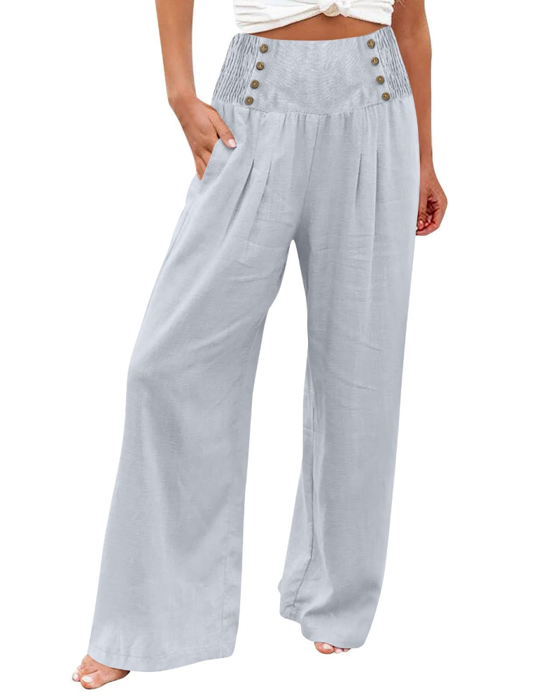 Pantaloni da donna Skylar – pantaloni larghi in cotone e lino a vita alta, elasticizzati e con tasche