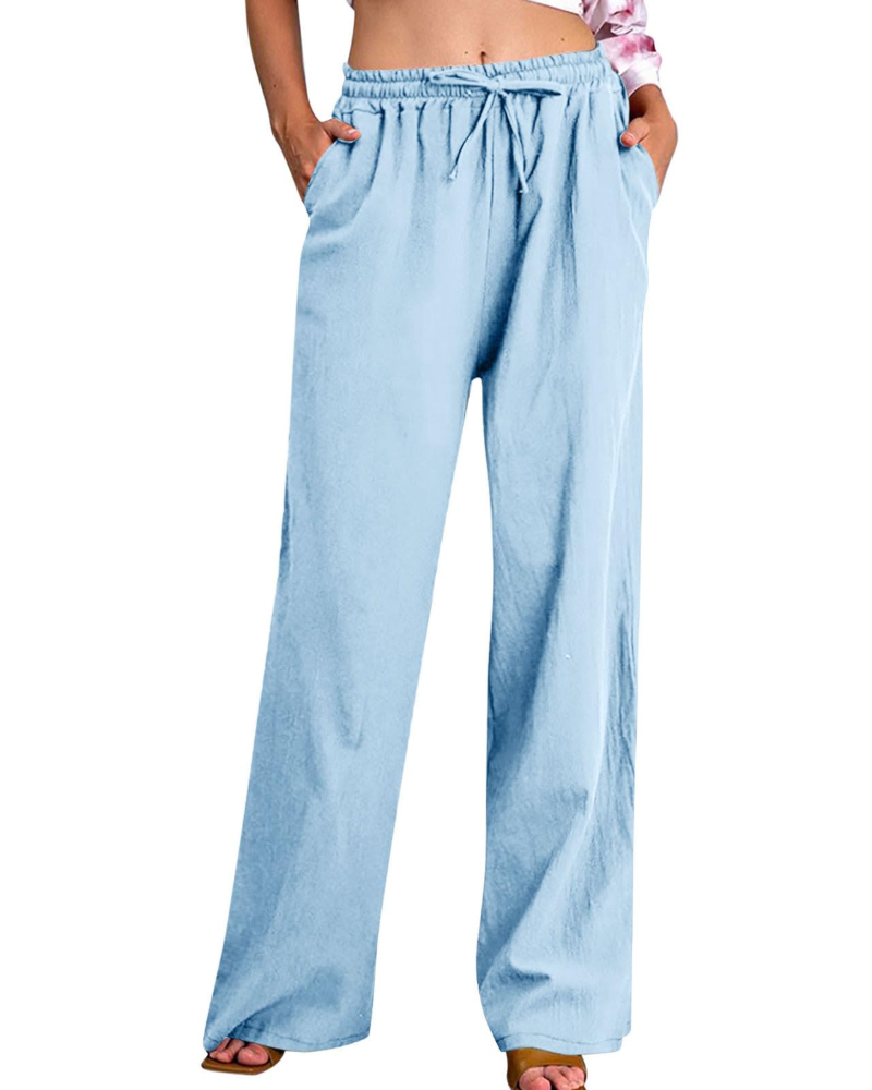 Megan Women's Pants – Cotton and Linen Pants with Elastic Waist, Drawstring, Pockets, Loose Fit