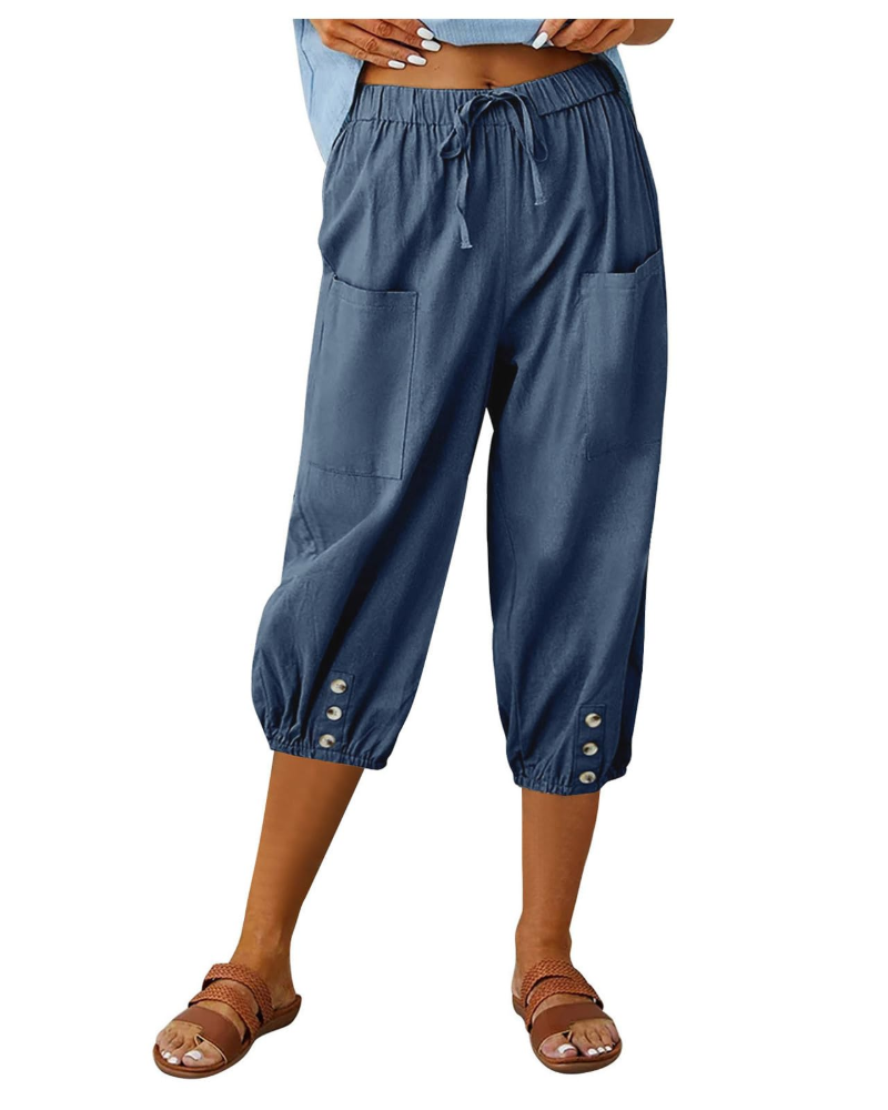Pantalón de mujer Aspen – Pantalón ancho de algodón y lino, tiro alto, cintura elástica y bolsillos