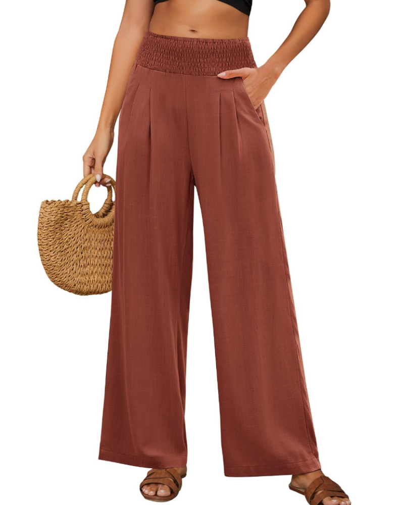 Ainsley Pantalon en Lin Femme – Palazzo Taille Haute Élastique avec Poches Ample