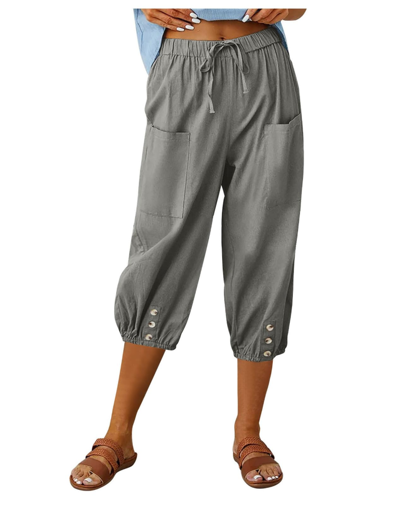 Pantalón de mujer Aspen – Pantalón ancho de algodón y lino, tiro alto, cintura elástica y bolsillos