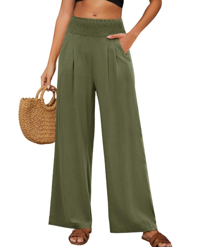Ainsley Pantalon en Lin Femme – Palazzo Taille Haute Élastique avec Poches Ample