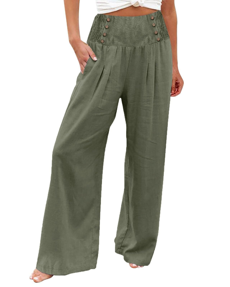 Pantaloni da donna Skylar – pantaloni larghi in cotone e lino a vita alta, elasticizzati e con tasche