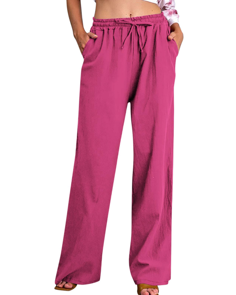 Megan Women's Pants – Cotton and Linen Pants with Elastic Waist, Drawstring, Pockets, Loose Fit