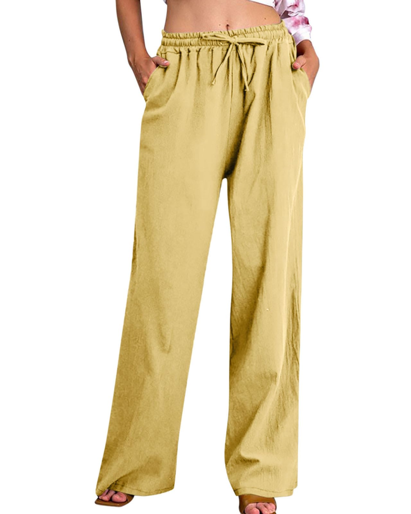Megan Women's Pants – Cotton and Linen Pants with Elastic Waist, Drawstring, Pockets, Loose Fit