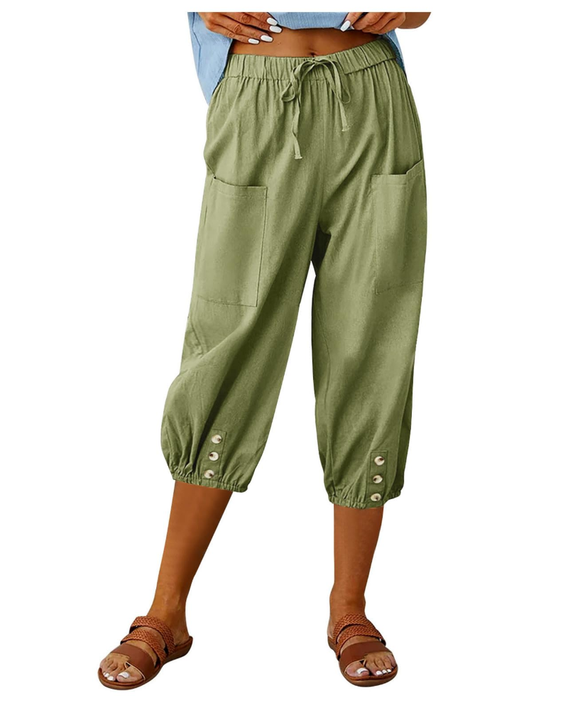 Pantalón de mujer Aspen – Pantalón ancho de algodón y lino, tiro alto, cintura elástica y bolsillos