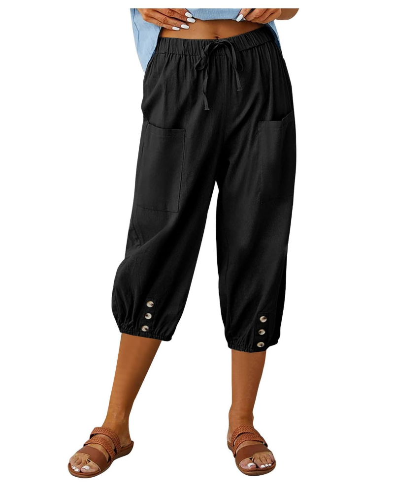 Pantalón de mujer Aspen – Pantalón ancho de algodón y lino, tiro alto, cintura elástica y bolsillos