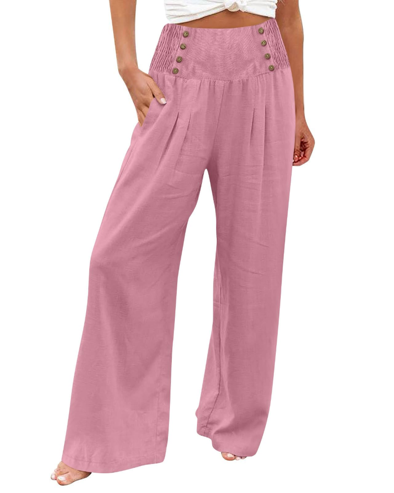 Pantaloni da donna Skylar – pantaloni larghi in cotone e lino a vita alta, elasticizzati e con tasche