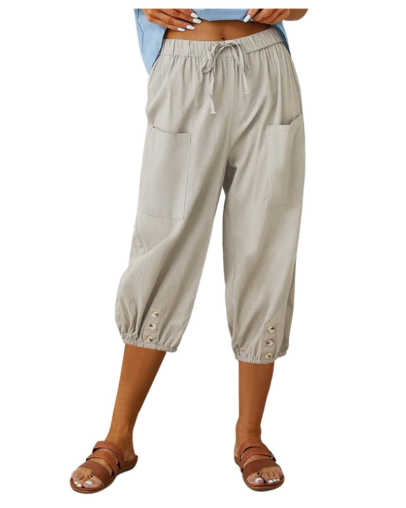 Pantalón de mujer Aspen – Pantalón ancho de algodón y lino, tiro alto, cintura elástica y bolsillos
