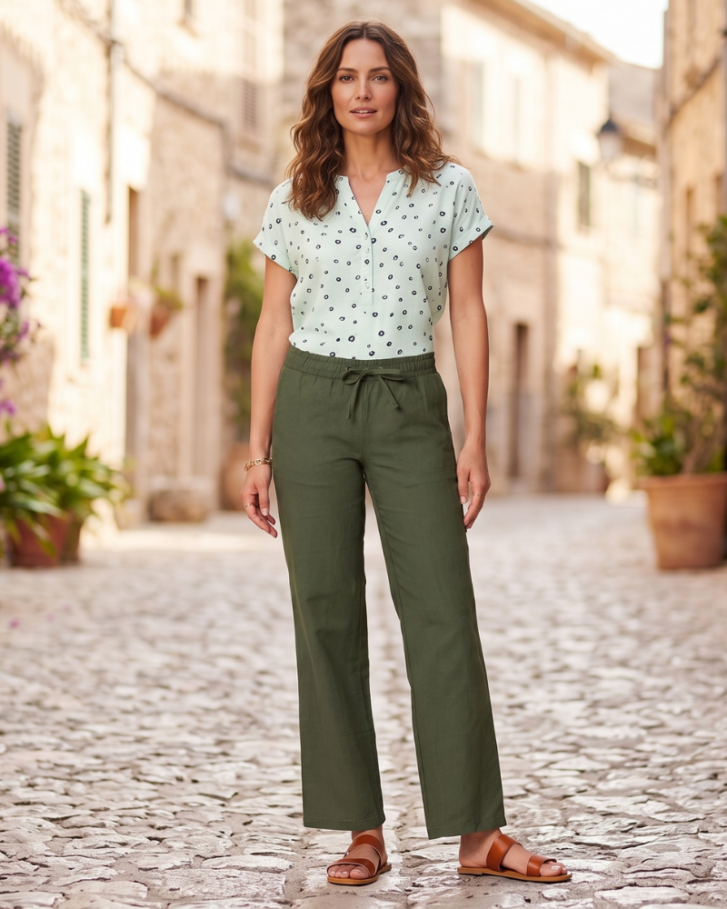 Pantaloni larghi Hollis da donna – Pantaloni in cotone e lino vita elastica con coulisse e tasche