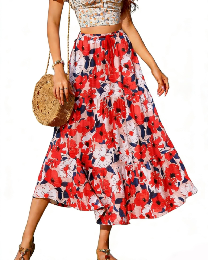 Gonna lunga Brenda Jupe da donna – Gonna midi con vita elastica, coulisse regolabile, tasche e taglio svasato