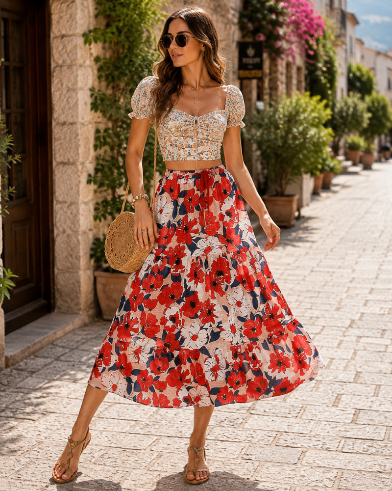 Gonna lunga Brenda Jupe da donna – Gonna midi con vita elastica, coulisse regolabile, tasche e taglio svasato