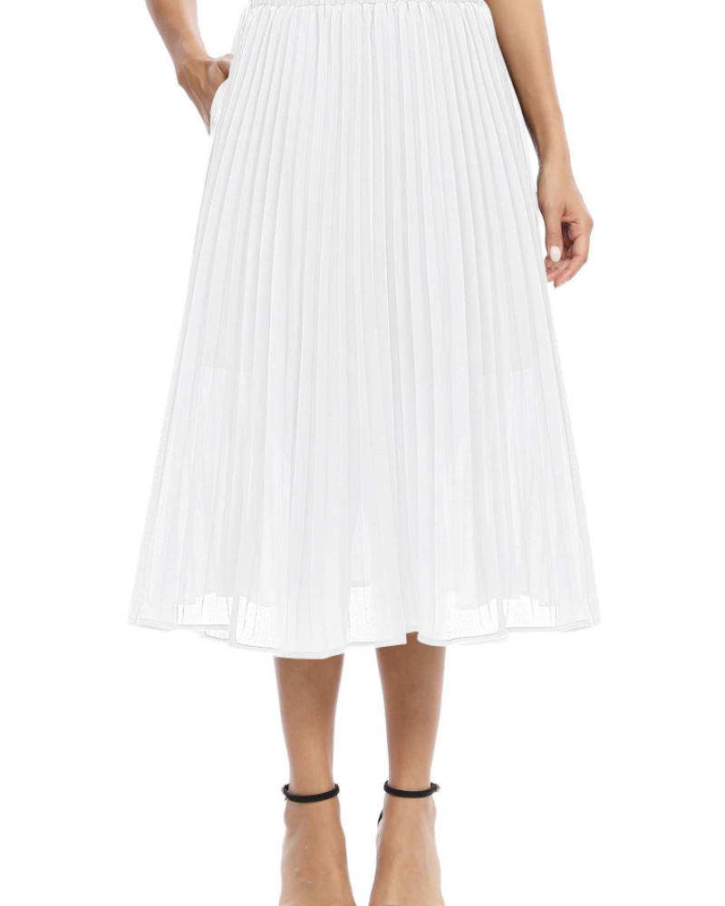 Juliette Midi Skirt for Women – Pleated Chiffon Skirt with Elastic Waist, A-Line, with Pockets