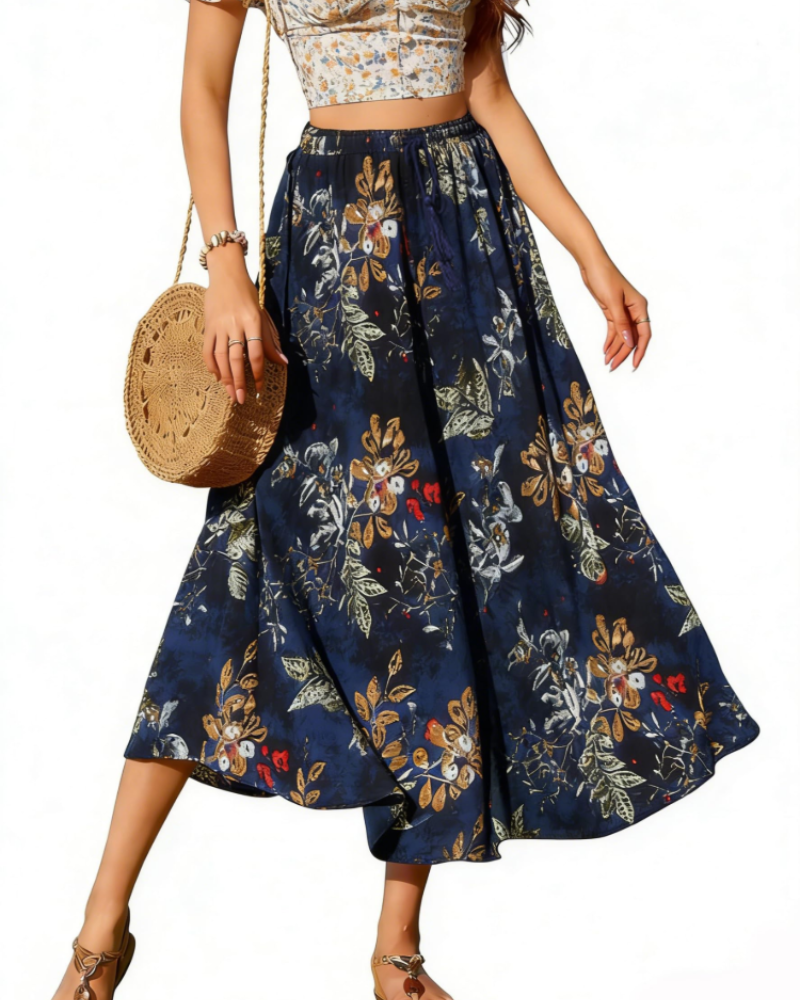 Brenda Jupe Longue Women’s Skirt – Midi Skirt with Elastic Waist, Adjustable Drawstring, Pockets, Flared Cut
