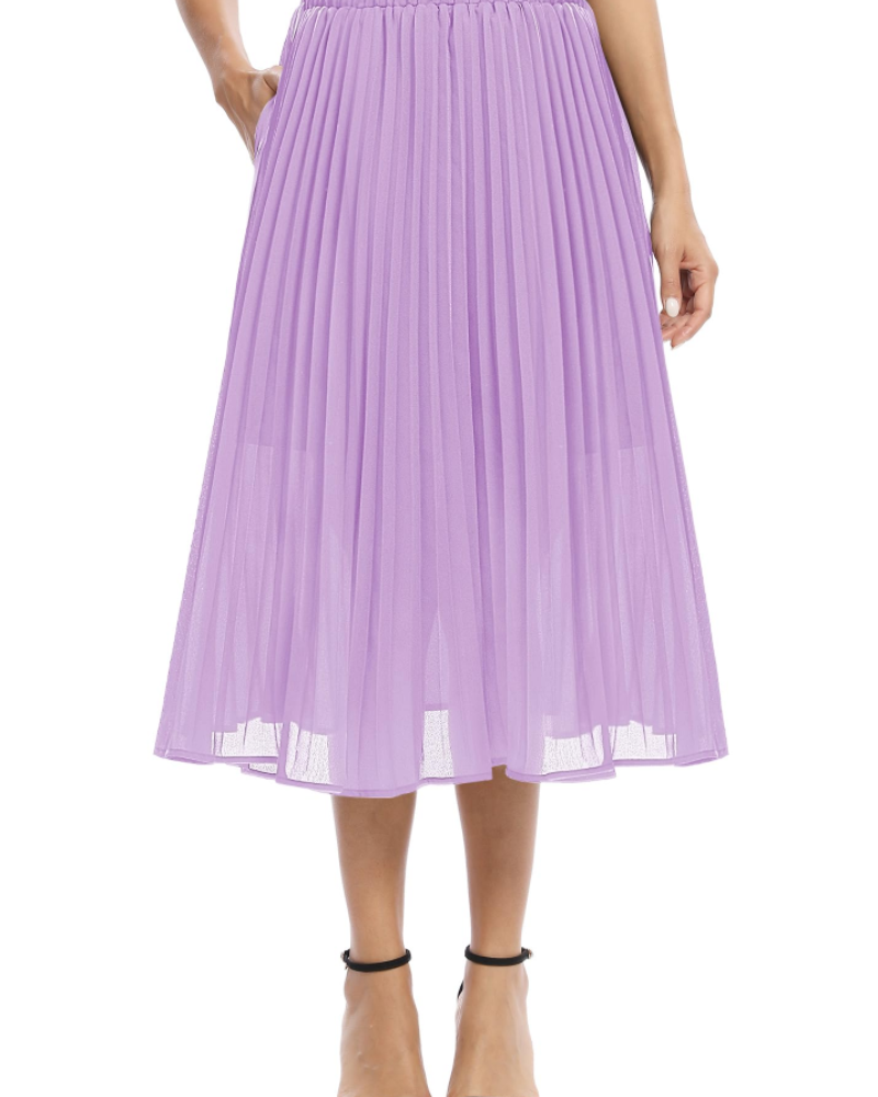 Juliette Midi Skirt for Women – Pleated Chiffon Skirt with Elastic Waist, A-Line, with Pockets