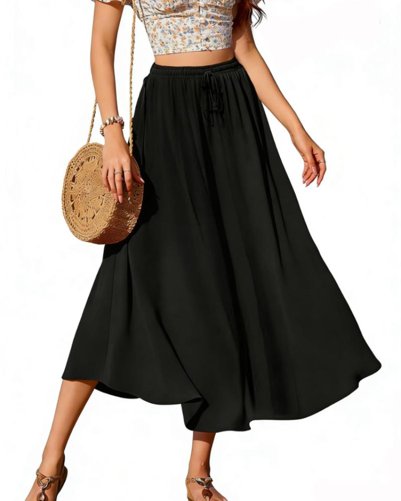 Brenda Jupe Longue Women’s Skirt – Midi Skirt with Elastic Waist, Adjustable Drawstring, Pockets, Flared Cut