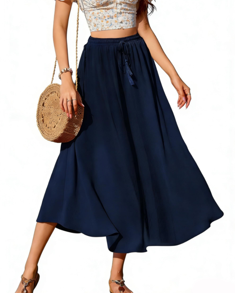 Brenda Jupe Longue Women’s Skirt – Midi Skirt with Elastic Waist, Adjustable Drawstring, Pockets, Flared Cut