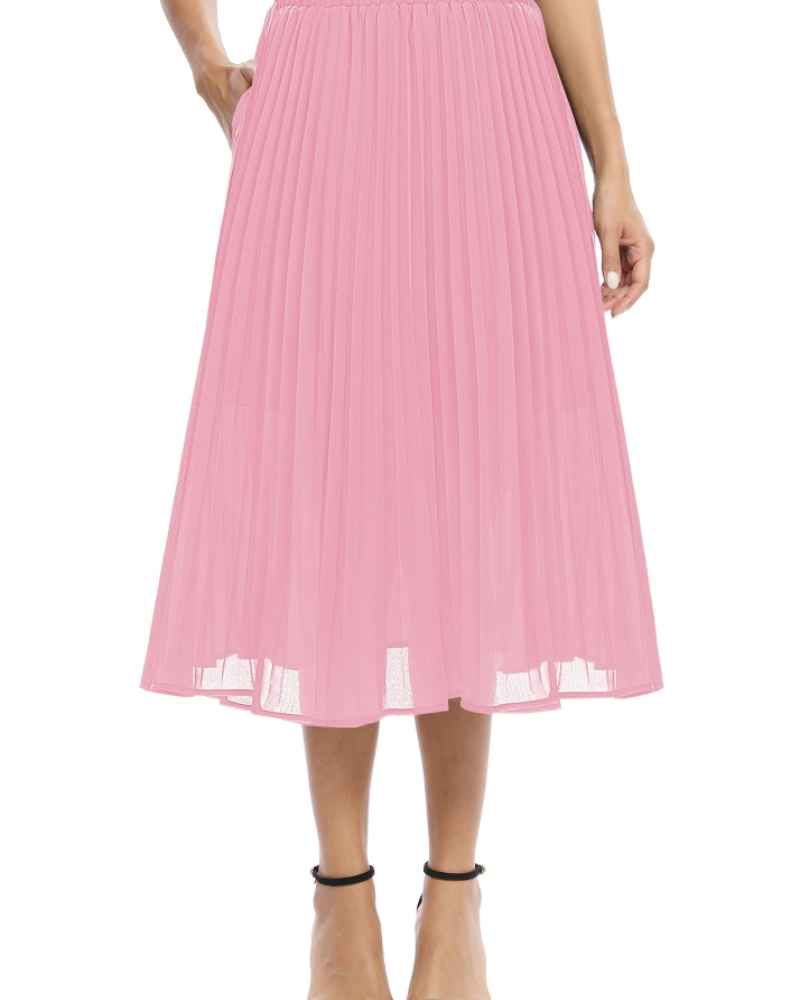 Juliette Midi Skirt for Women – Pleated Chiffon Skirt with Elastic Waist, A-Line, with Pockets