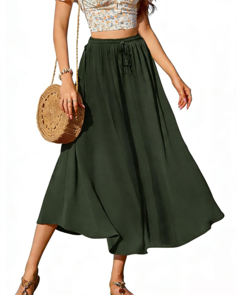 Brenda Jupe Longue Women’s Skirt – Midi Skirt with Elastic Waist, Adjustable Drawstring, Pockets, Flared Cut