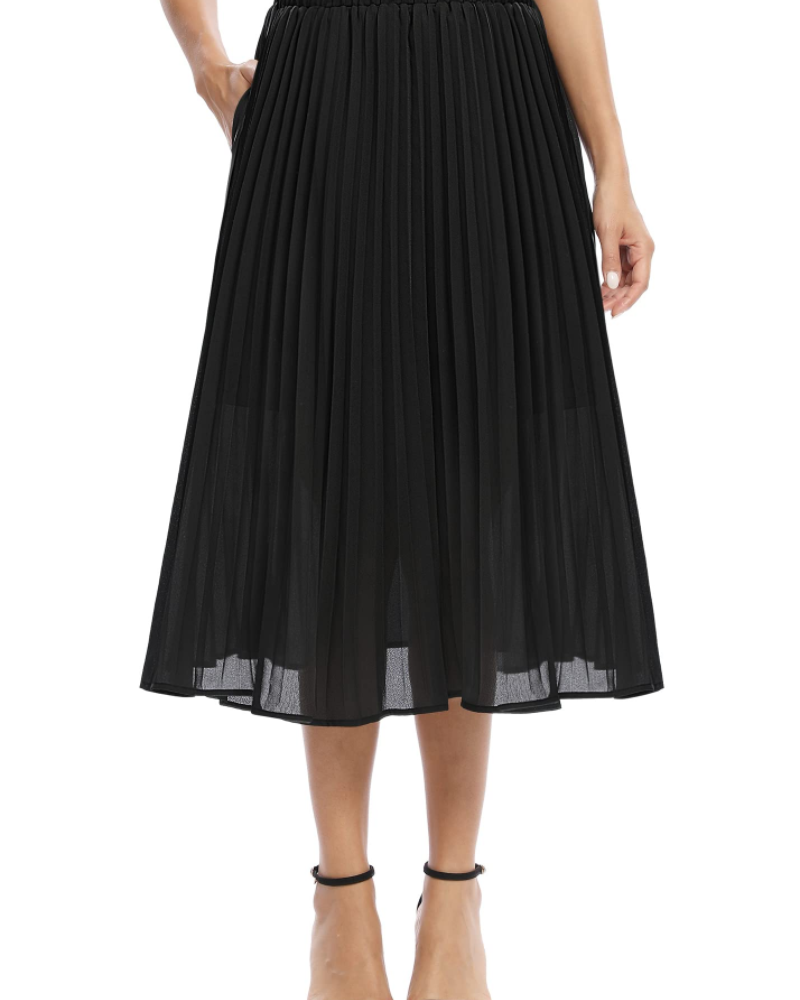 Juliette Midi Skirt for Women – Pleated Chiffon Skirt with Elastic Waist, A-Line, with Pockets