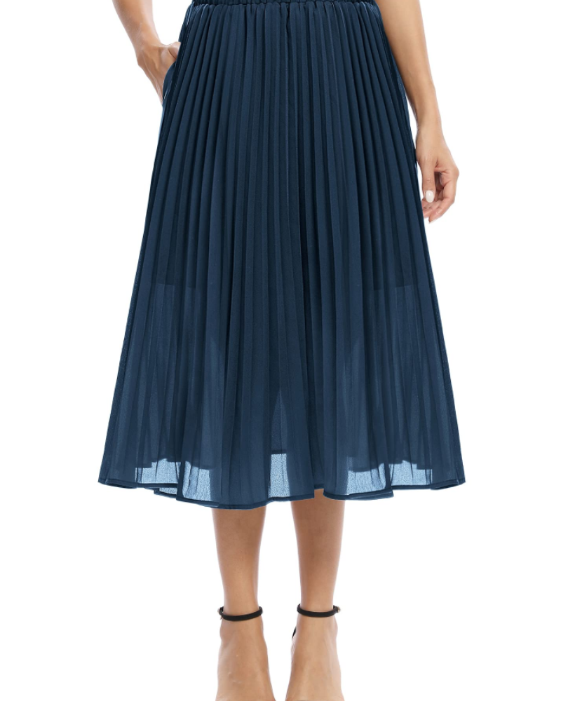 Juliette Midi Skirt for Women – Pleated Chiffon Skirt with Elastic Waist, A-Line, with Pockets