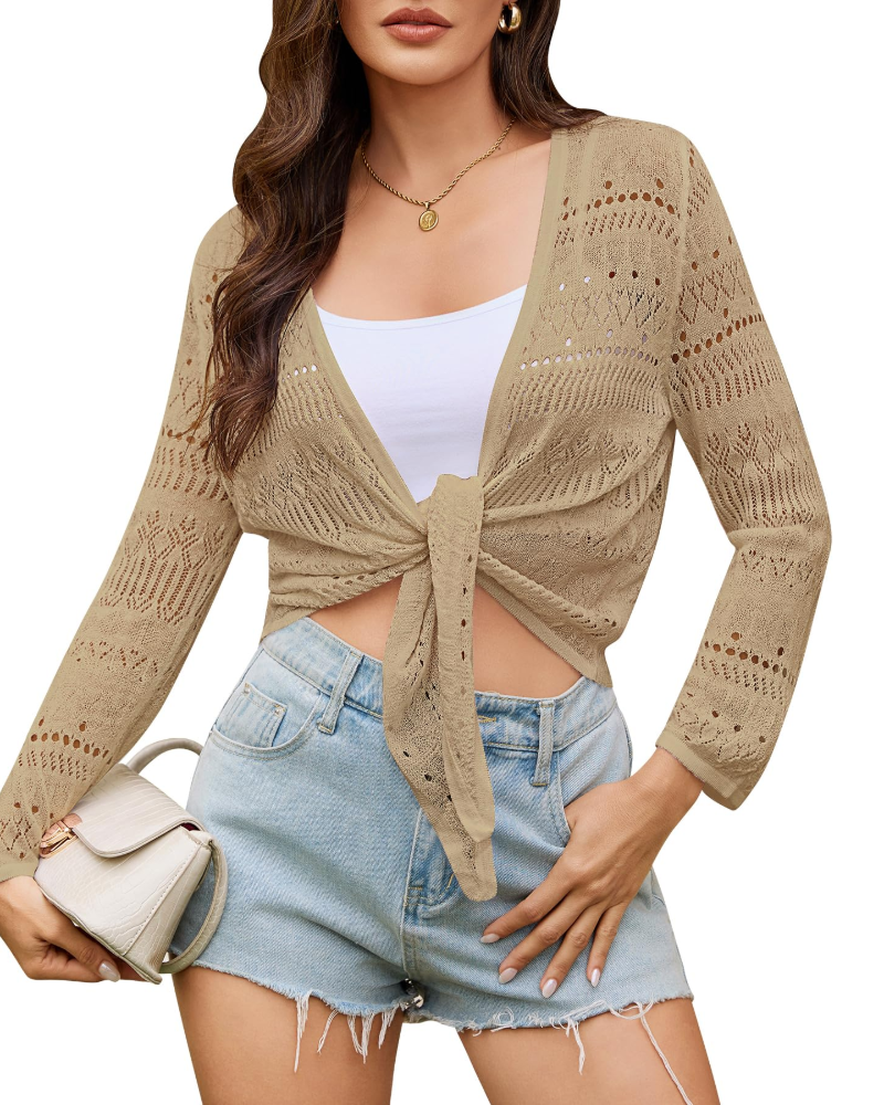 Cardigan da donna Rowan – Bolero all’uncinetto con nodo sul davanti, maniche lunghe e maglia traforata