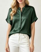 Camicia Campbell Donna – Blusa Satinata Collo Mandarino Maniche Corte Risvoltate Elegante