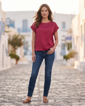 Camicia Lennox da donna – Blusa satinata scollo rotondo maniche corte spalle scese elegante