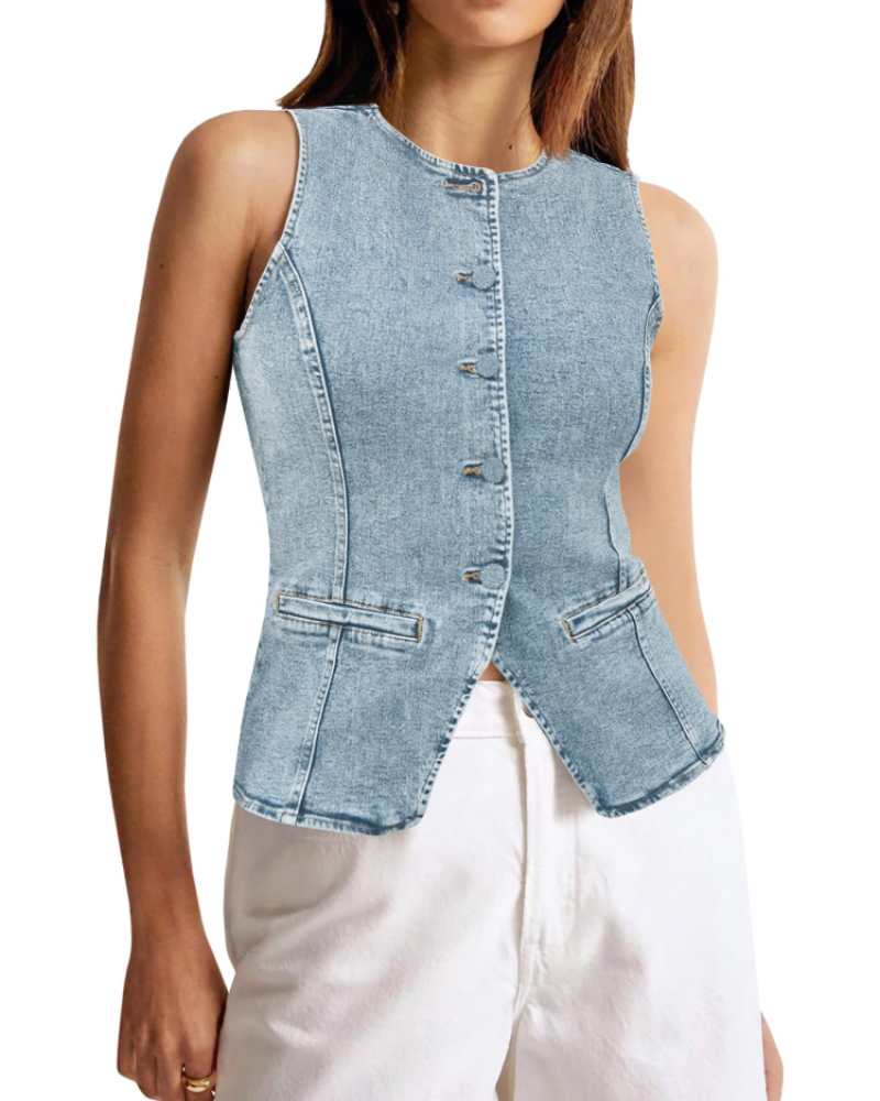 Dakota Gilet en Jean Femme – Veste Sans Manches Boutonnée Coupe Courte Slim Fit