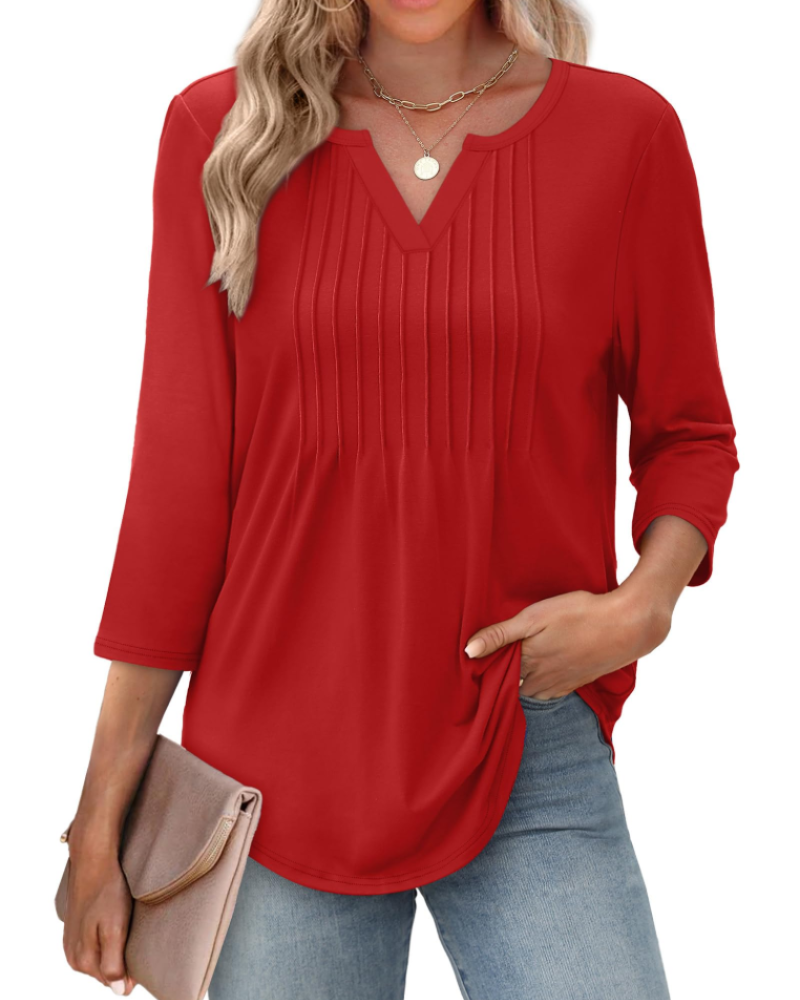 Chelsea Blouse Femme – Haut Col V Manches 3/4 Plissé Décontracté Élégant