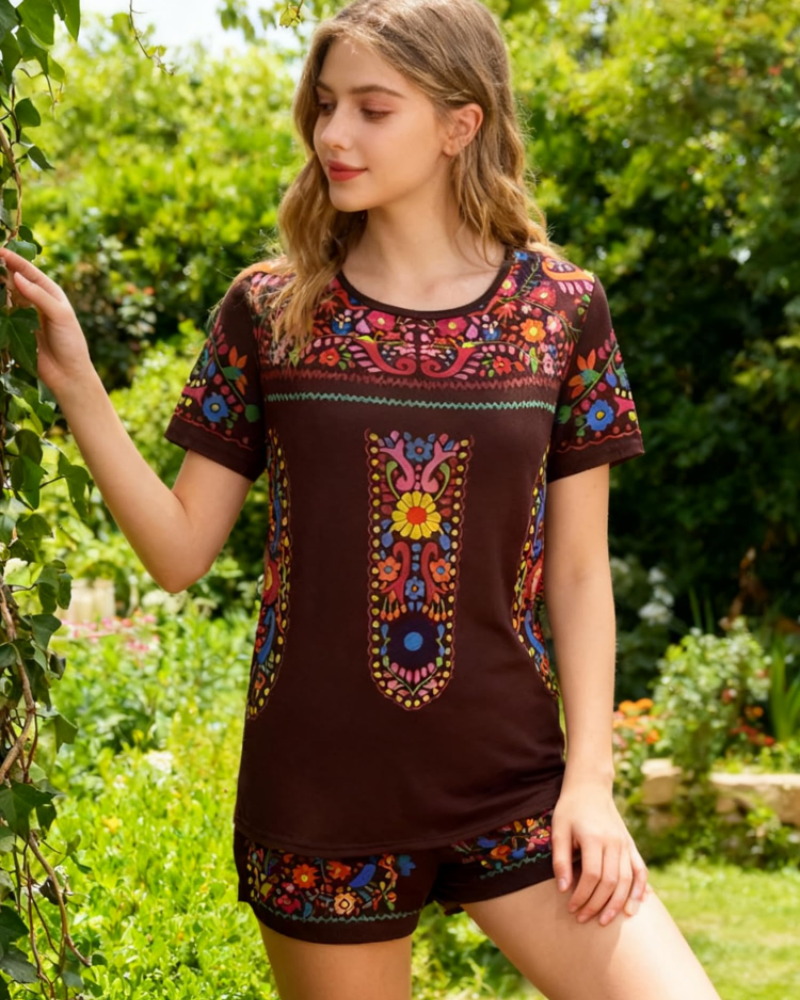 Naomi Blouse Femme – Haut Bohème Broderie Florale Manches Courtes Col Rond Coupe Ample