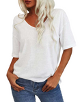 Gabriella T-Shirt Femme – Haut Col V en Lin & Coton à Manches Courtes Coupe Ajustée