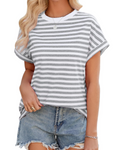 Tatum T-shirt Oversize Femme – Haut Rayé Col Rond Manches Mi-Longues en Coton Mélangé