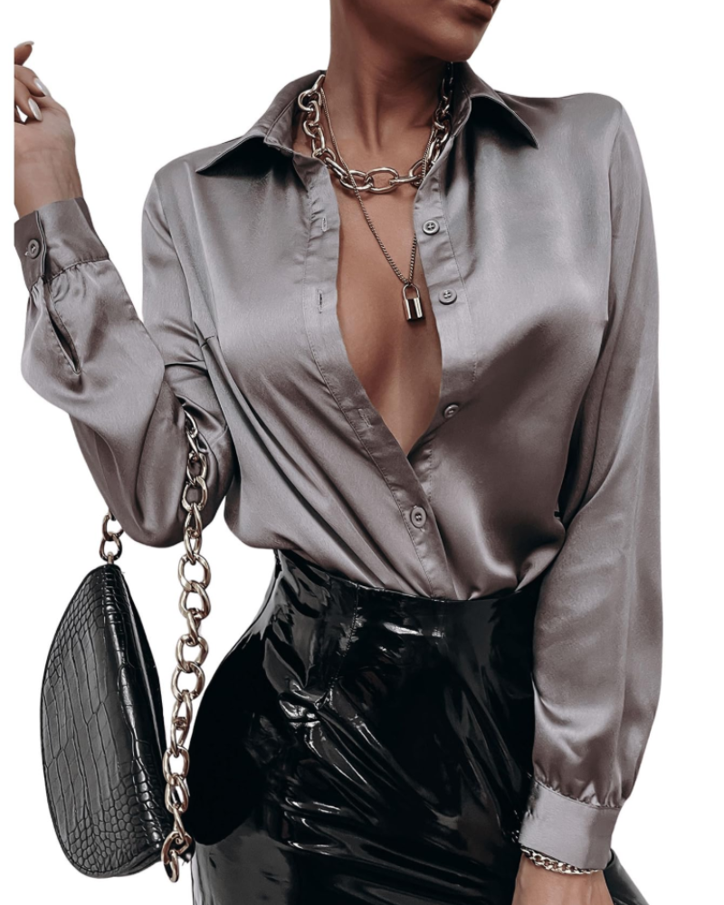 Fallon Chemisier Femme – Blouse Satinée à Manches Longues Élégante Effet Soie