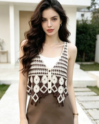 Cárdigan Brianna para mujer – Chaleco corto de crochet sin mangas estilo étnico con botones