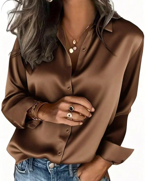 Camicia Aubrey da donna – Blusa satinata con bottoni effetto seta maniche lunghe elegante
