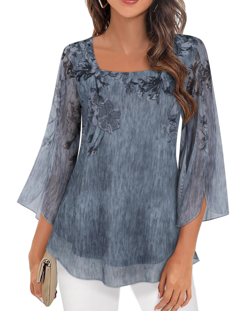 Phoebe Blouse Femme – Haut en Mousseline Col Carré Manches 3/4 Volantées Imprimé Floral