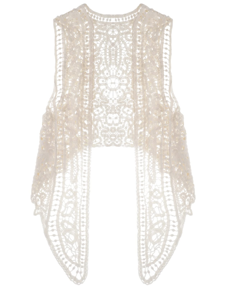 Chaleco de Crochet Ember para Mujer – Cárdigan sin Mangas Bohemio con Encaje Calado Irregular