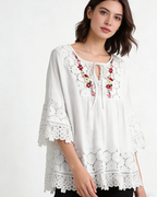 Blusa Whitney para mujer – Top bohemio cuello en V anudado mangas 3/4 campana bordado floral encaje