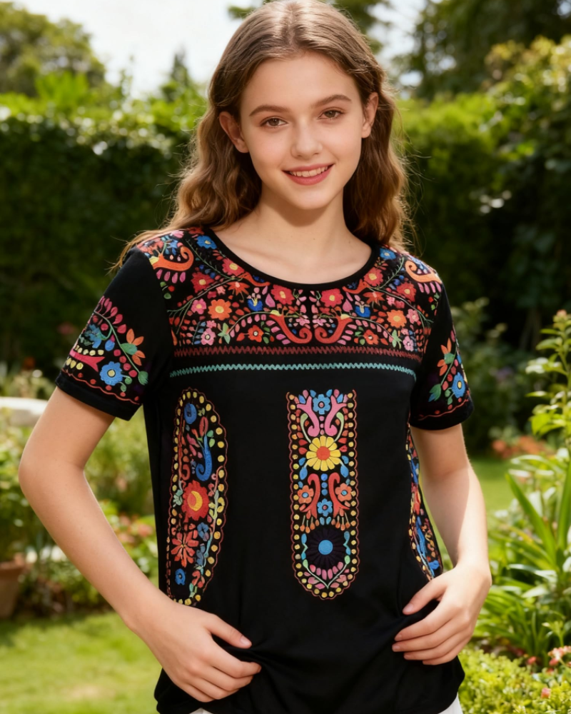 Blusa Naomi para mujer – Top bohemio bordado floral mangas cortas cuello redondo corte amplio