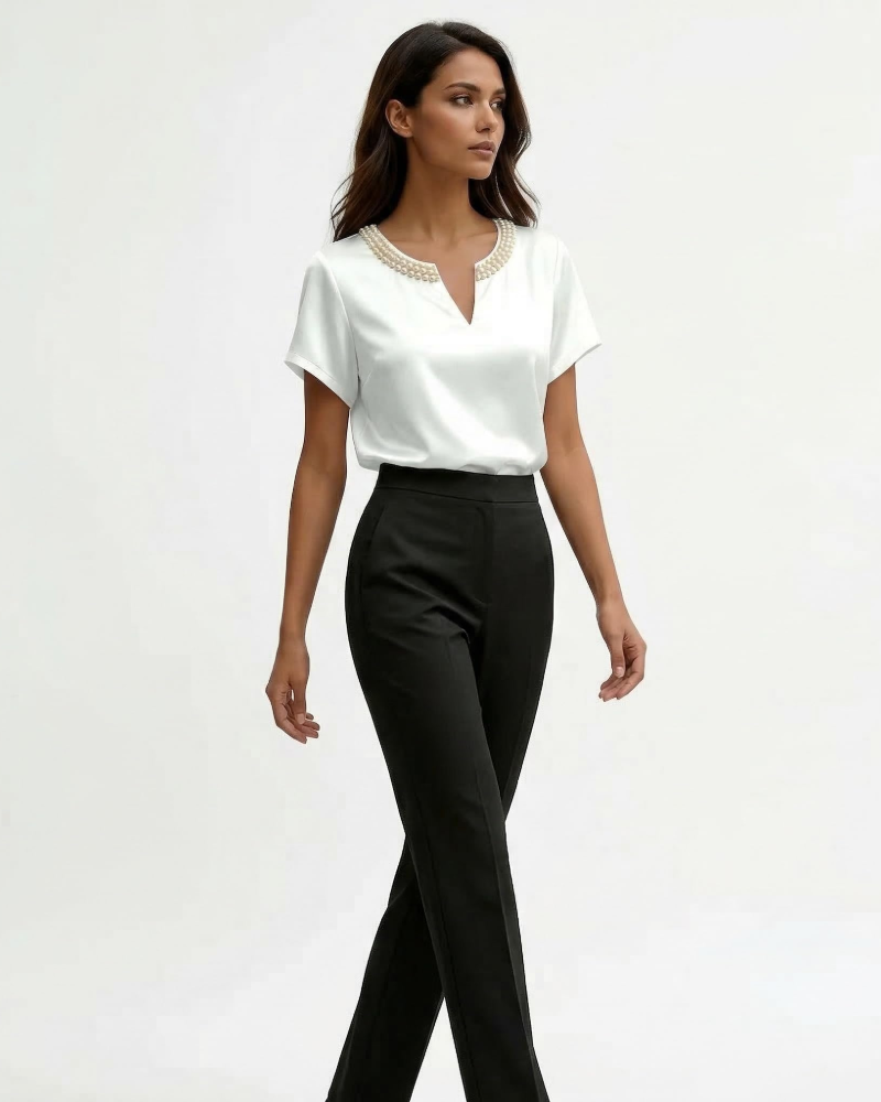 Blaire Chemisier Femme – Blouse Satinée Effet Soie Col V à Manches Courtes Élégante