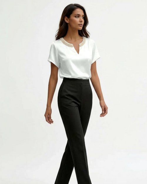 Blaire Chemisier Femme – Blouse Satinée Effet Soie Col V à Manches Courtes Élégante