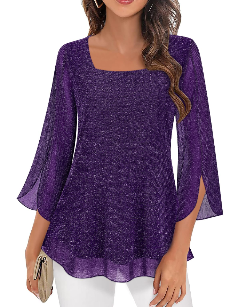Phoebe Blouse Femme – Haut en Mousseline Col Carré Manches 3/4 Volantées Imprimé Floral